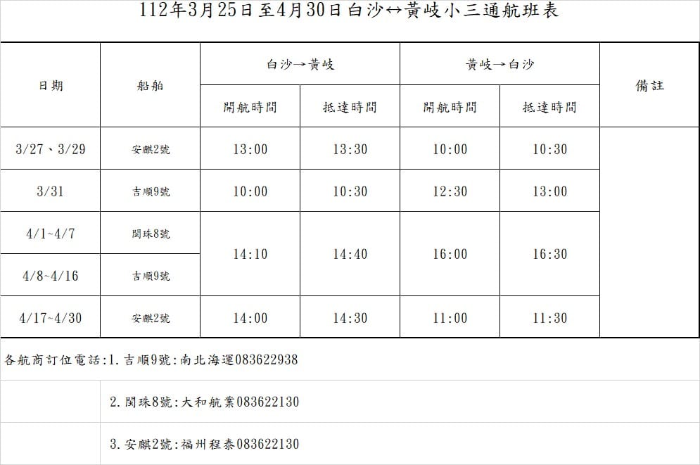 3月25日至4月30日白沙-黃岐小三通航班表。 圖：交通部航港局／提供