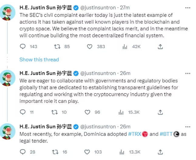 被美國證監會SEC起訴，孫宇晨在推特上喊冤。 圖 : 翻攝自孫宇晨推特