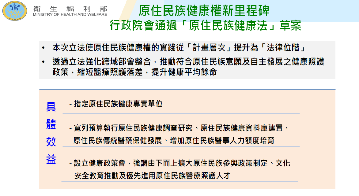 行政院會今（23）日通過衛福部擬具的「原住民族健康法」草案，並送請立法院審議。 表：衛福部提供