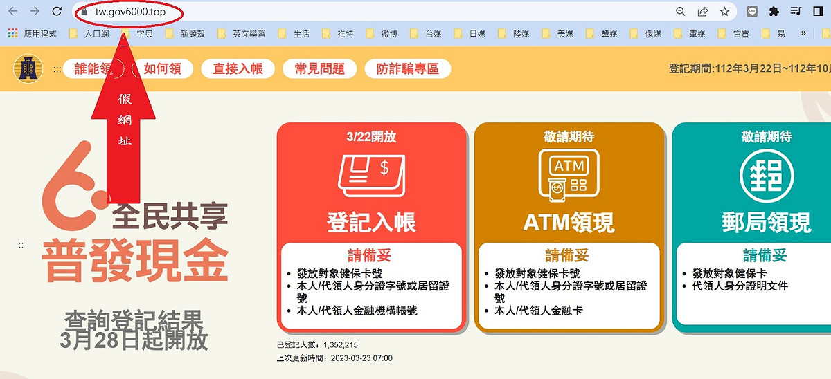 全民共享普發現金6000元入帳登記作業，財政部監控發現相似偽冒網址。 圖：偽冒網頁截圖