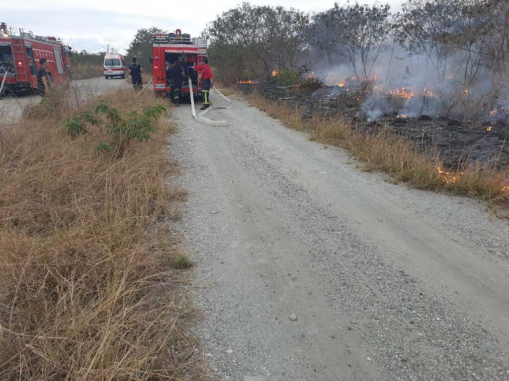 台東市知本溪岸溼地26日傍晚發生雜草火警，火勢猛烈。台東縣消防局已出動人車前往救援，但目前尚未控制火勢，燃燒面積待估算。（台東縣消防局提供）