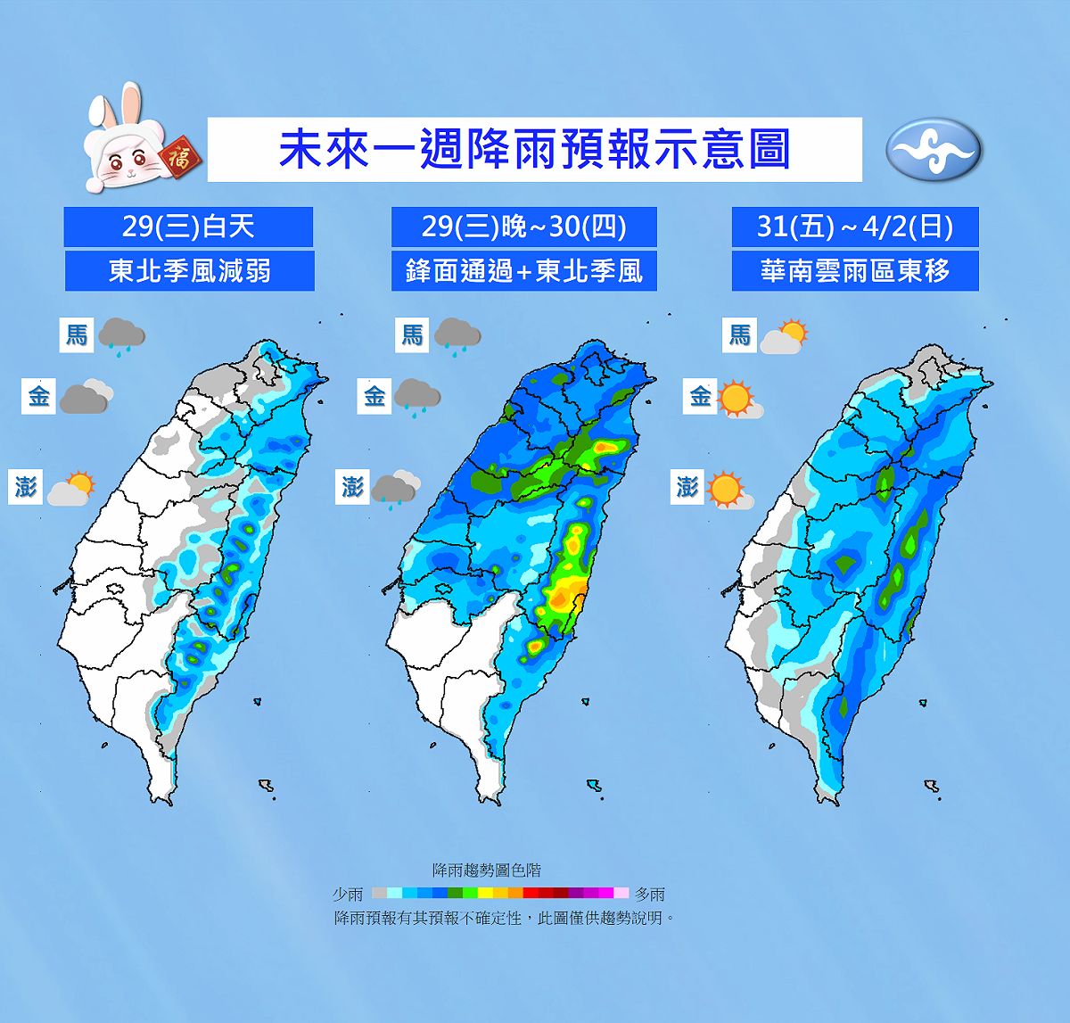 未來一週降雨示意圖。 圖：中央氣象局／提供