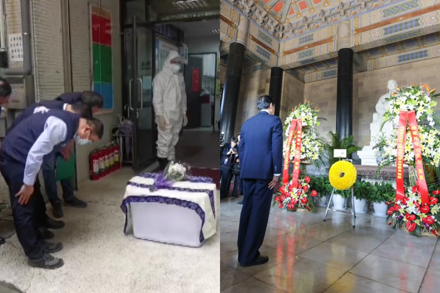 桃園市農業局向死去的狒狒鞠躬（左）、前總統馬英九訪中行今（28）日赴南京中山陵祭拜（右） 圖：林昀真/翻攝、馬英九辦公室提供（新頭殼合成）