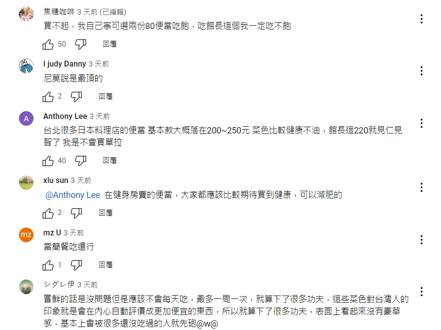對於館長便當仍有網友留言「我是不會買單拉」、「買不起」等不同評論。 圖：翻攝自還敢拍片啊!國動YouTube