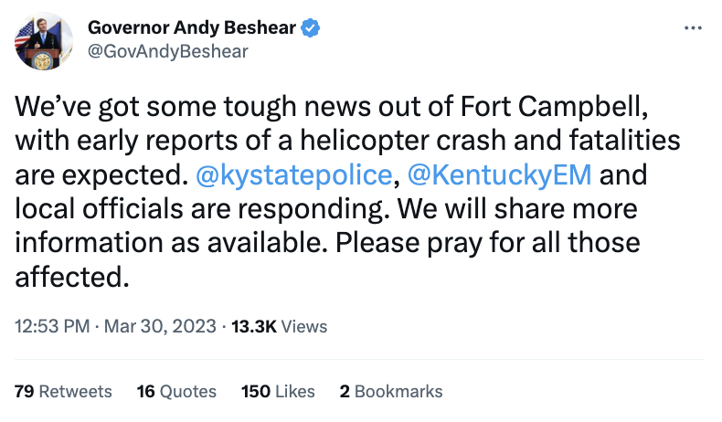 肯塔基州長貝希爾（Andy Beshear）表示根據消息回報，可能有人員傷亡。 圖：翻攝自貝希爾推特