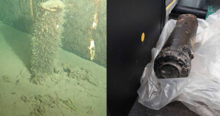 丹麥當局在「北溪-2號」的海底發現一個信號煙霧彈，並已打撈上岸。 圖：丹麥能源署/提供