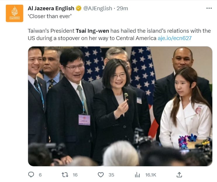 總統蔡英文（前排右二）過境美國低調行事，中國偏偏要糾眾鬧事，結果引來國際媒體紛紛報導，圖為半島電視台報導，不到半小時吸引1萬6000多網友瀏覽。 圖：翻攝自半島電視台推特