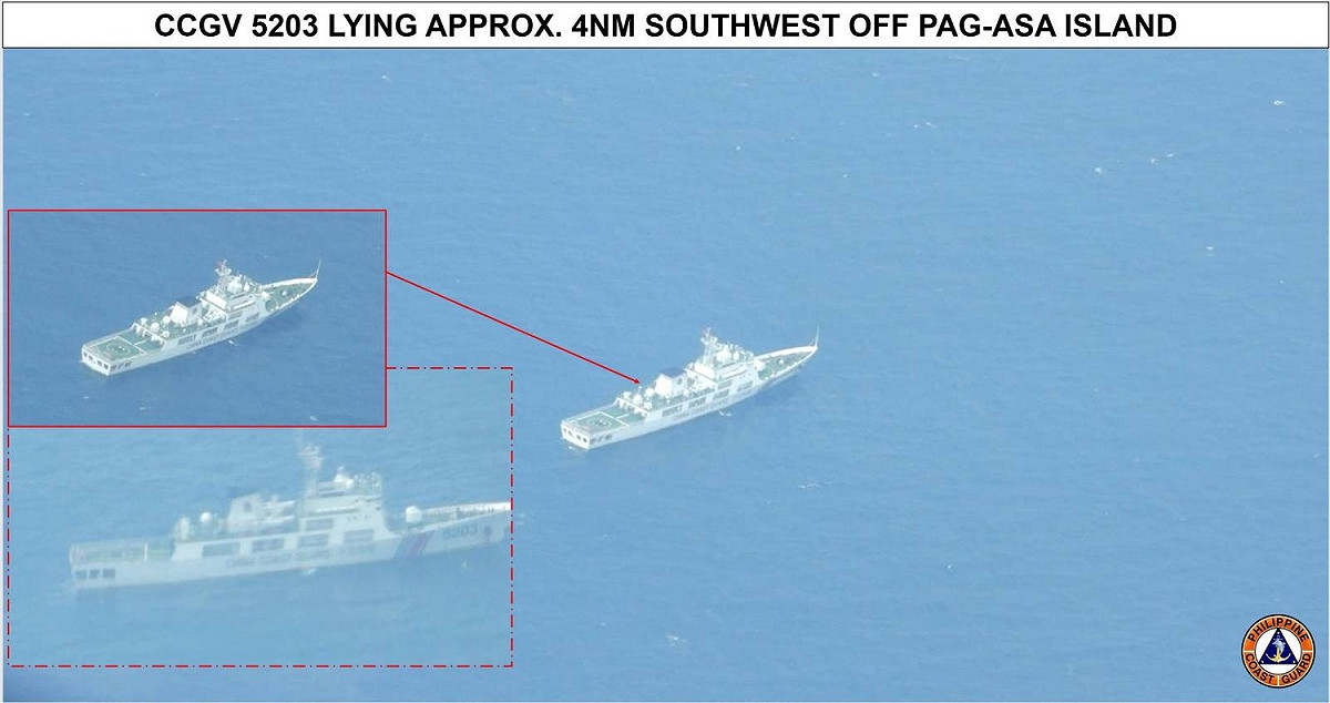 菲律賓海岸警衛隊海警船BRP Malapascua(MRRV-4403)在中業島發現中國海警船5203。 圖：翻攝@coastguardph推特