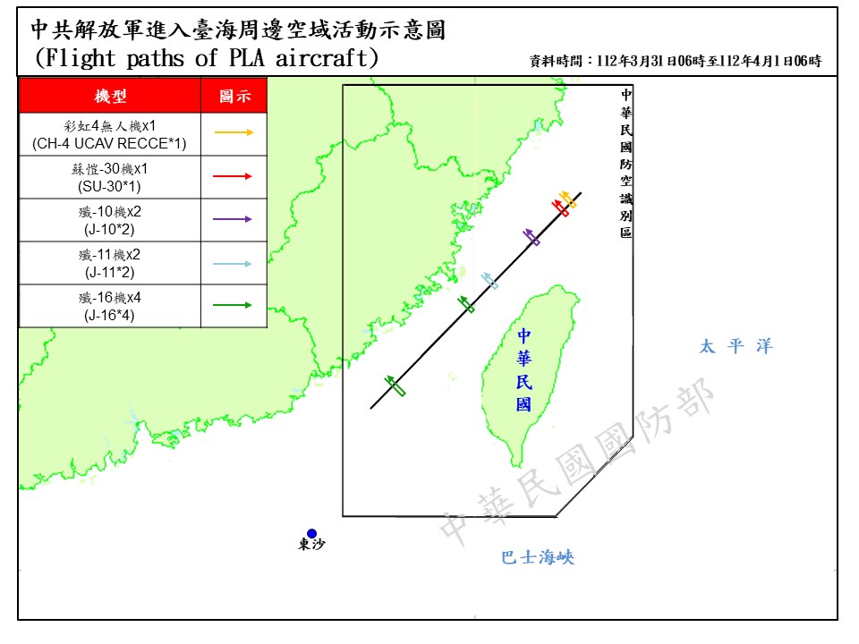 中國軍機擾台層次提高，31日中午以編組方式，分別自北中南逾越海峽中線。 圖：國防部提供