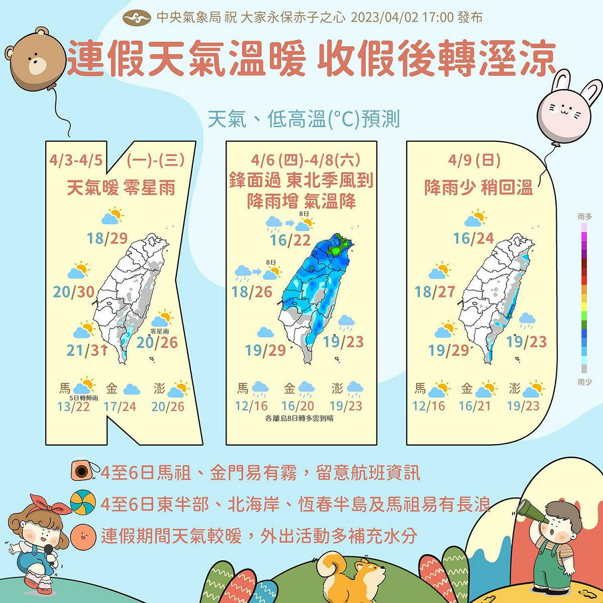 連假天氣溫暖，上班日明顯降溫濕冷。 圖片來源/氣象局