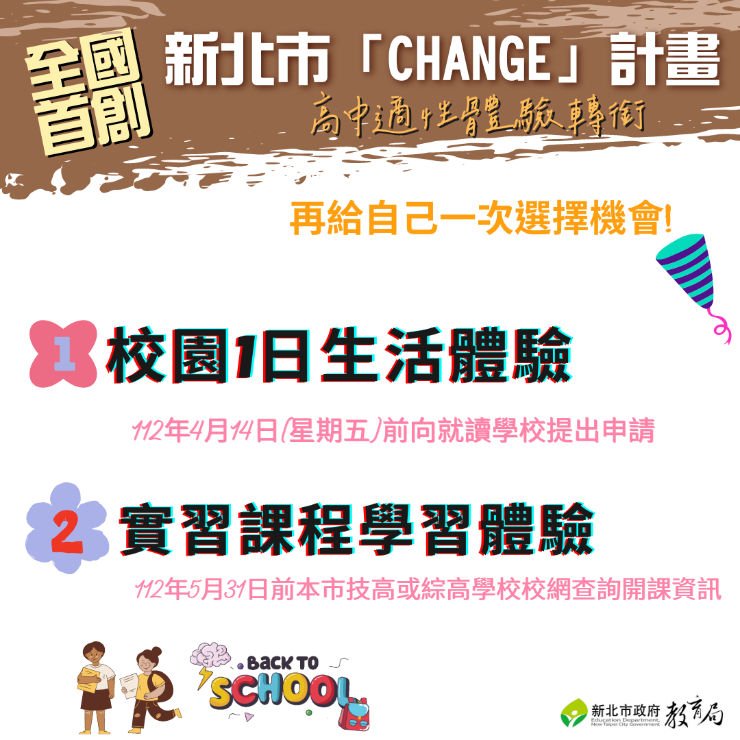 新北市於111學年度第2學期首創「CHANGE」適性轉銜計畫。 圖：新北市教育局提供