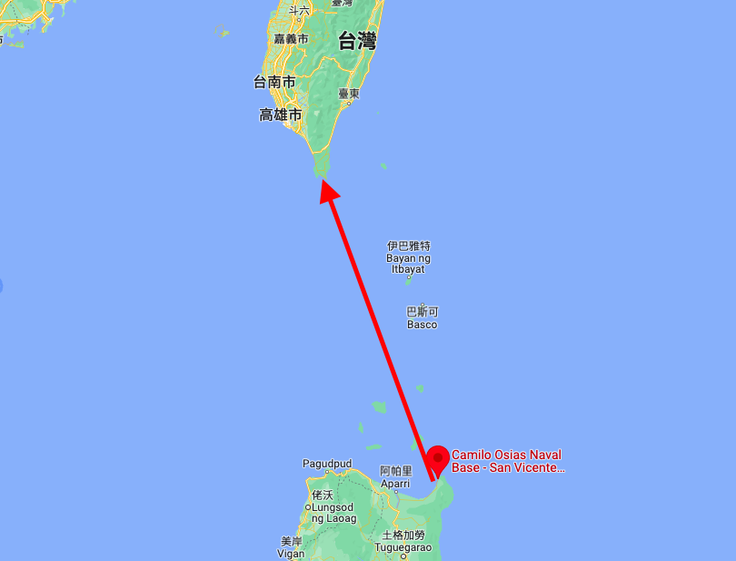 菲律賓3日公布新增4座可供美軍使用的軍事基地位置，其中一座在卡加延省的海軍基地距離台灣僅約400公里。 圖：翻攝自google