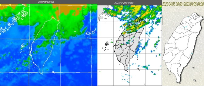 左圖：5日4：20紅外線色調強化雲圖顯示，華南雲系移出，北台灣雲量稍增。中圖：4：30雷達回波合成圖顯示，雲層伴隨零星降水回波。右圖：4：30累積雨量圖顯示，苗栗以北有零星飄雨。 圖/「三立準氣象．老大洩天機」專欄
