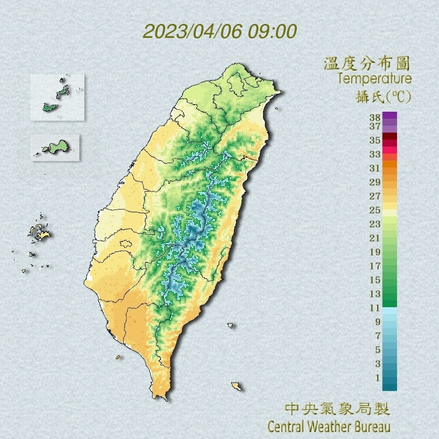 今日各地區平地氣溫，北部17至27度，中部21至32度，南部22至34度，東部19至32度。 圖：翻攝自中央氣象局官網