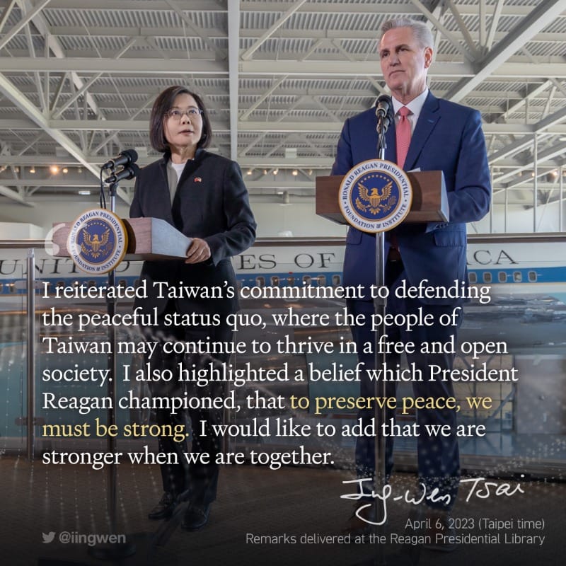 蔡英文總統美國時間5日上午和美國眾議院議長麥卡錫（Kevin McCarthy）會晤。 圖：翻攝自蔡英文推特