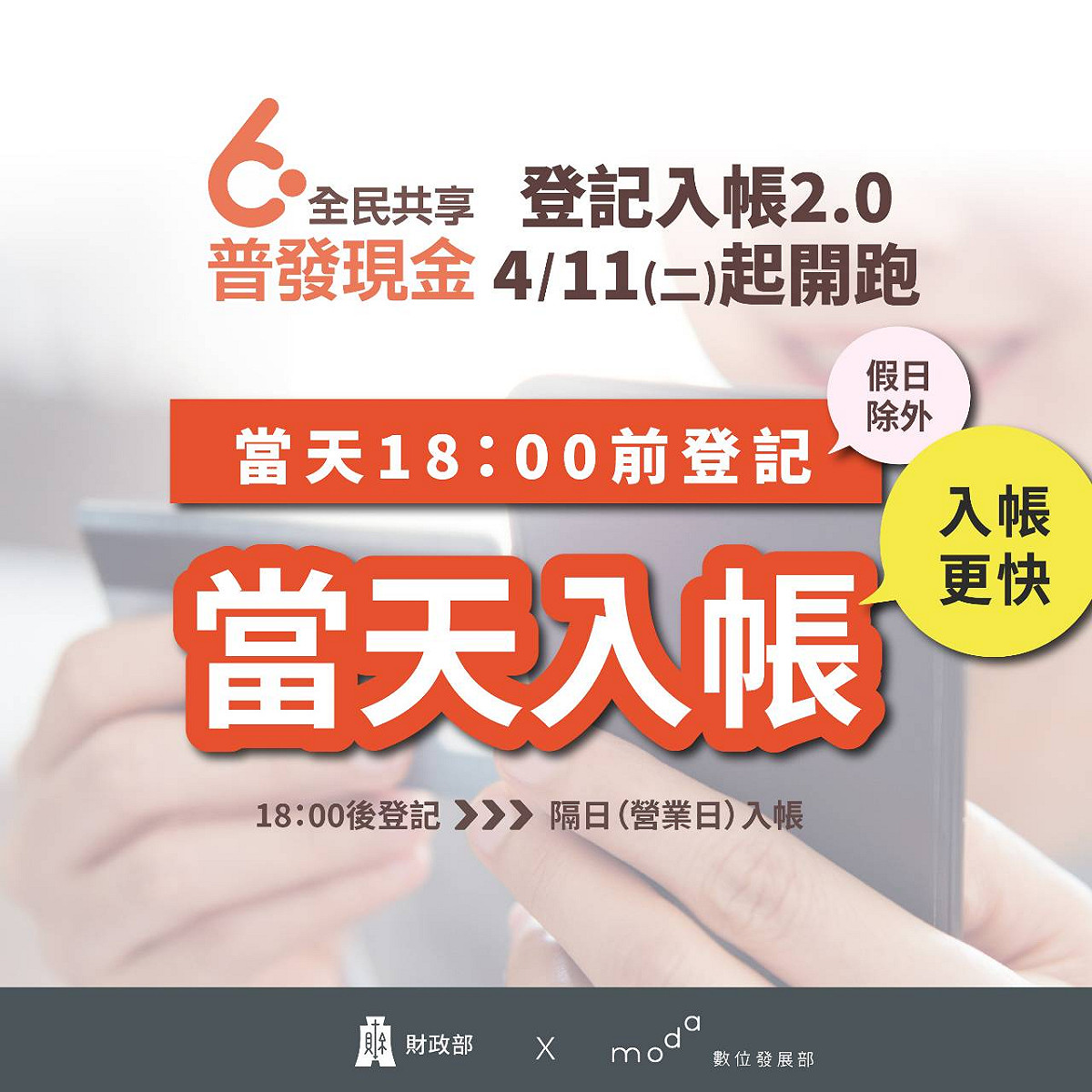 數位發展部今（6）天表示，「登記入帳2.0」將於4/11上線，當天登記，當天18:00就會入帳，18點後登記者，將次隔日入帳。 圖：數位部提供