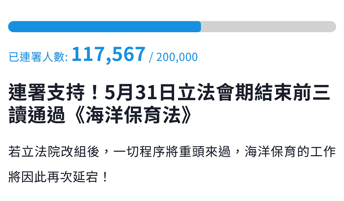 目前連署人數已達11萬7千多人。 圖：取自財團法人綠色和平基金會