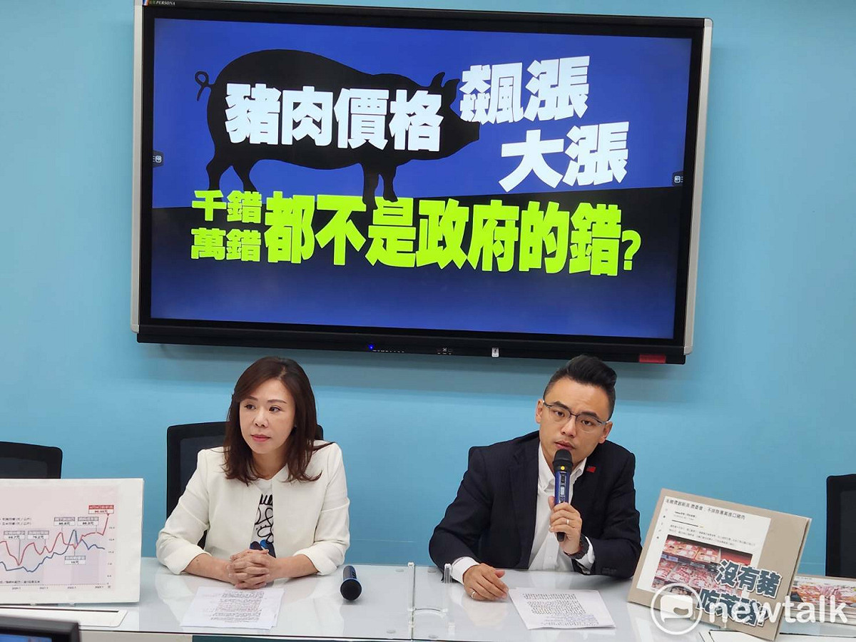 國民黨團副秘書長洪孟楷與國民黨副秘書長李彥秀就豬肉漲價議題召開記者會。 圖：黃建豪/攝