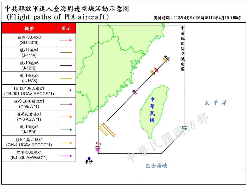 國防部公佈9日0600到10日0600，共偵獲共機70架次(其中逾越海峽中線及其延伸線進入西南及東南空域35架次)、共艦11艘次。 圖：國防部提供