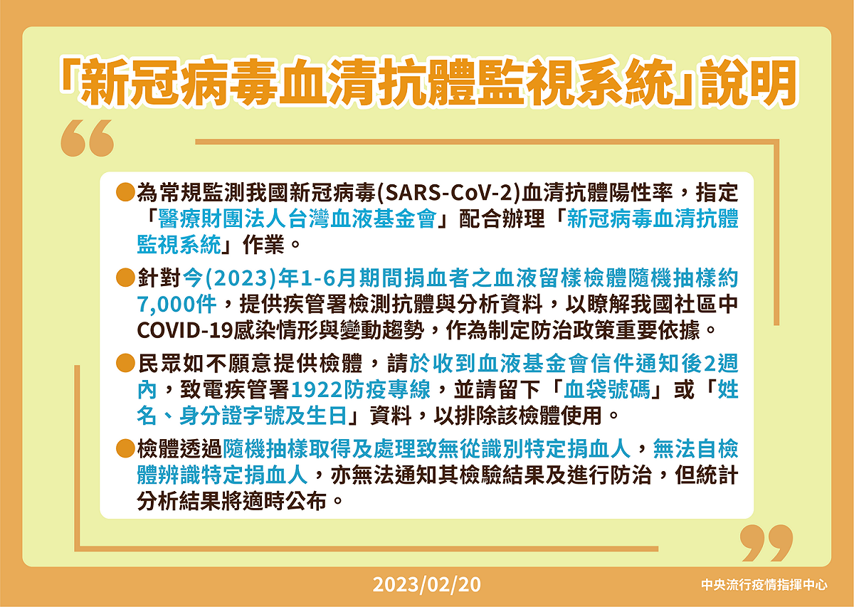 疾管署捐血人血清抗體研究調查計畫說明 圖：中央流行疫情指揮中心/提供