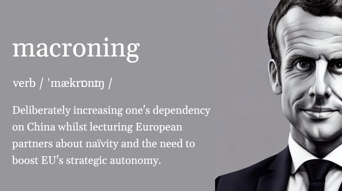 推特上，有網友自創新詞「macroning」以諷刺法國總統馬克宏親中批歐疏美的虛偽立場。 圖：推攝自推特