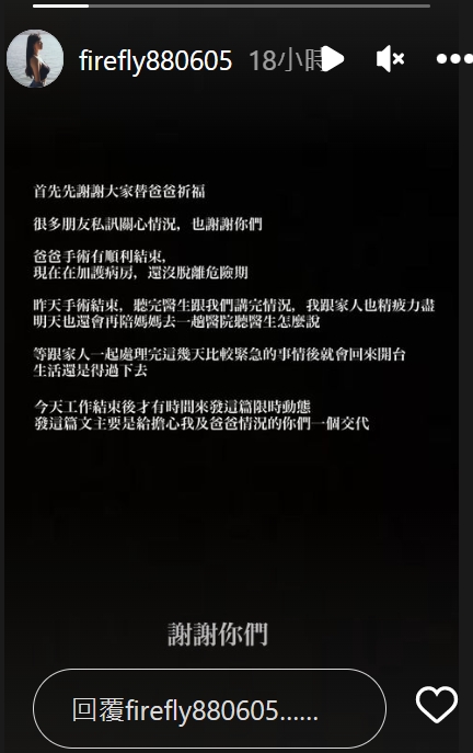 實況主夜雨爸爸在工地發生意外，她也更新手術順利的消息。 圖：翻攝自夜雨IG