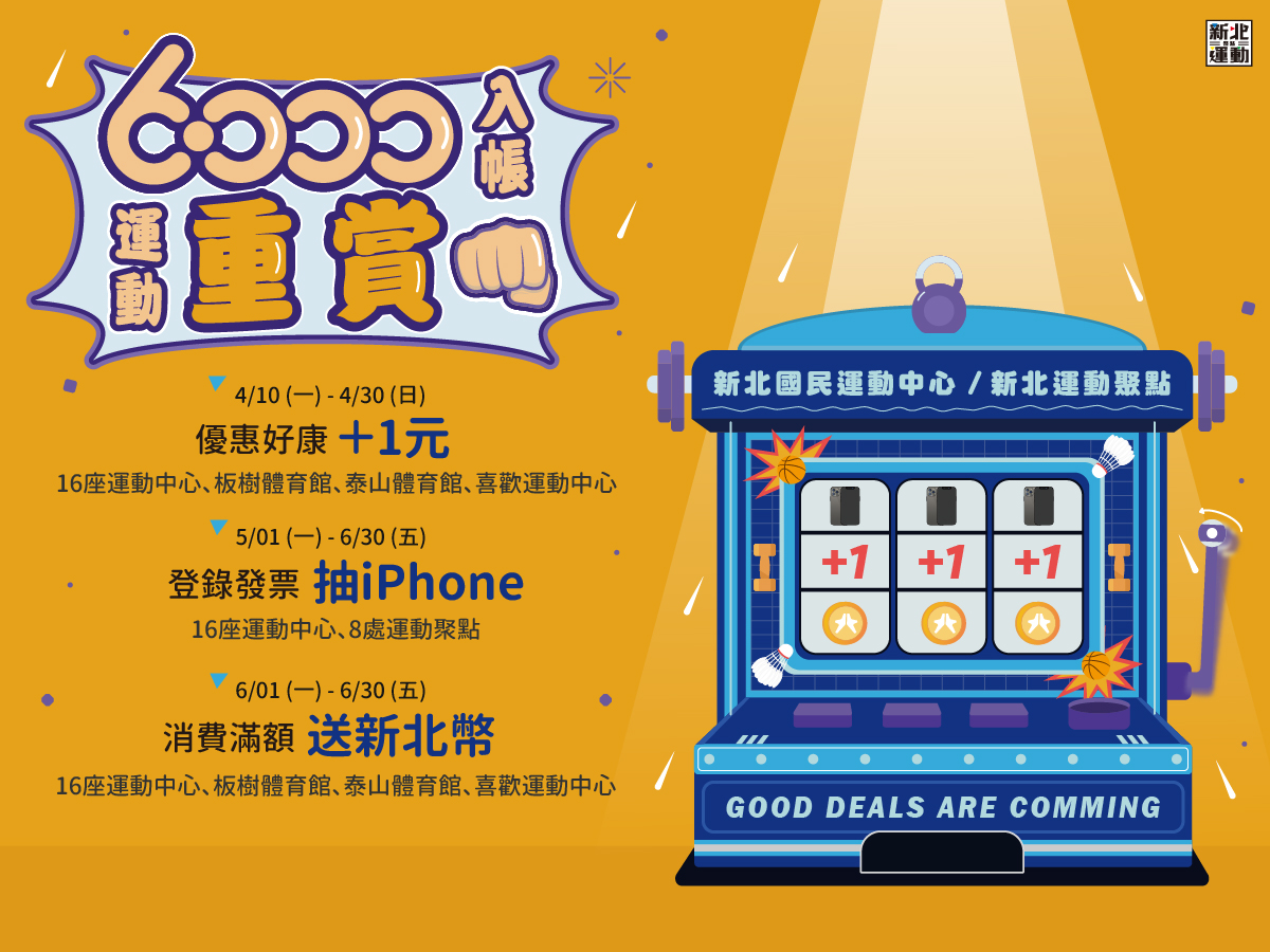 『6000入帳，運動重賞！』新北市運動中心推+1元享超多好康。 圖：新北市體育處提供
