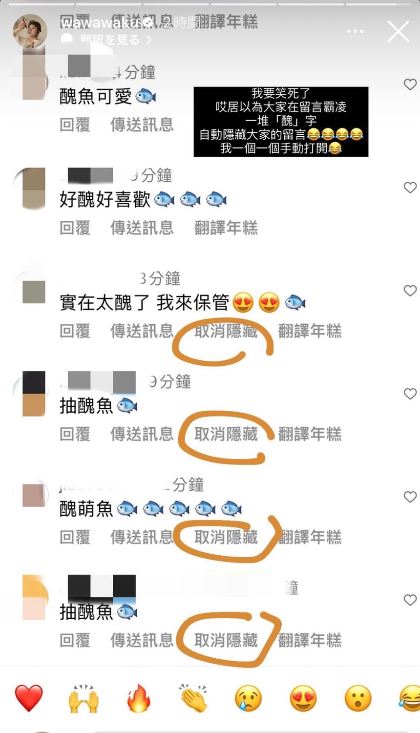 IG以為大家留言醜魚是集體留言霸凌，將所有留言都自動隱藏。 圖：翻攝自古娃娃IG
