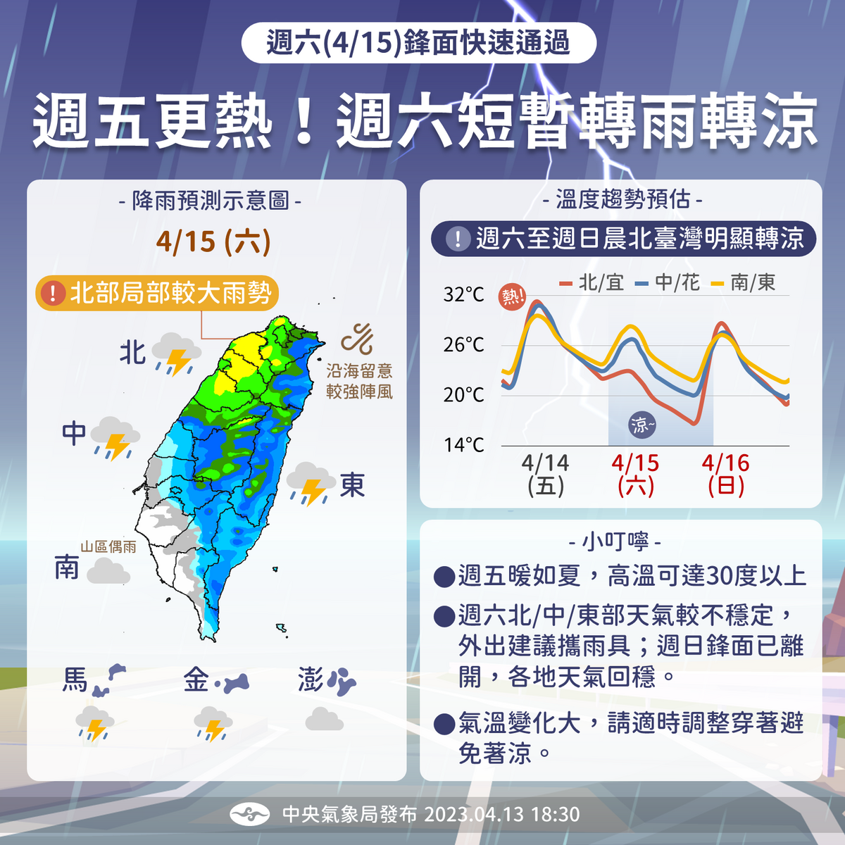 今日至週日天氣預報。 圖：中央氣象局／提供