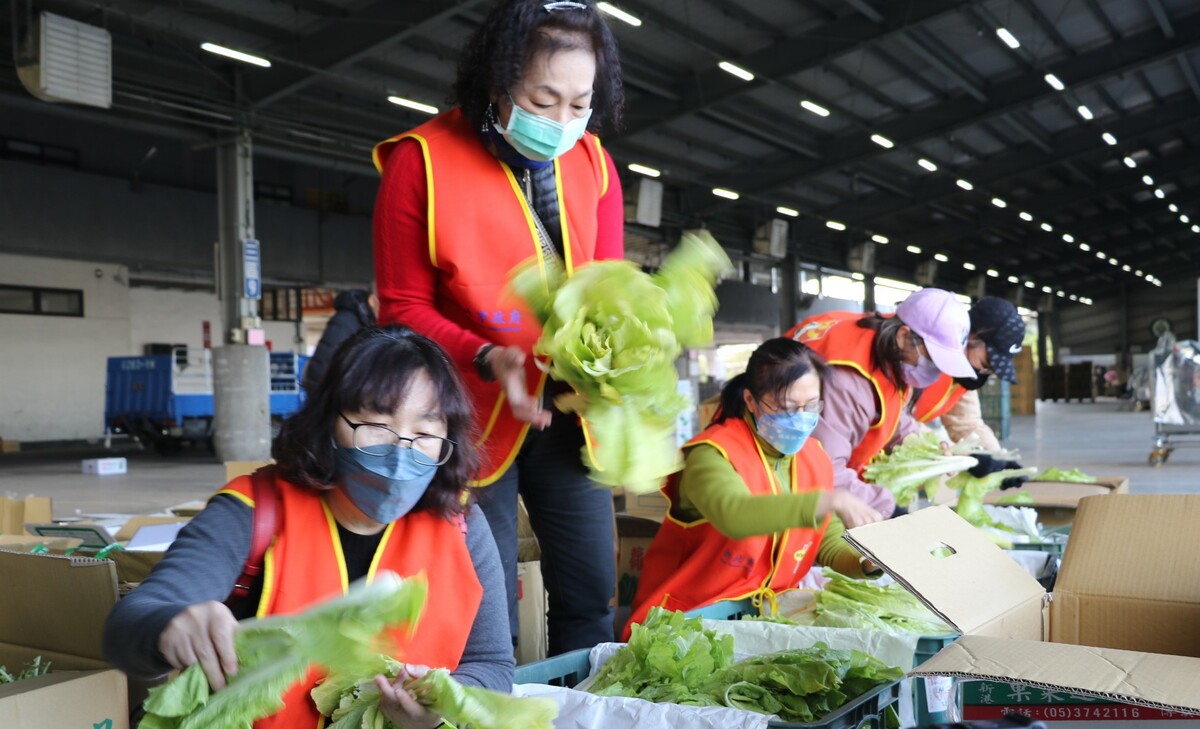 新北惜食分享網-板橋社福中心的理菜志工於板橋果菜批發市場整理NG食材。 圖：新北市環保局提供
