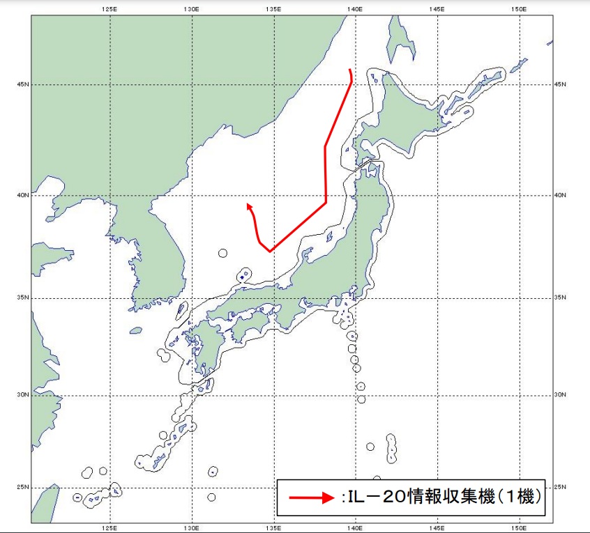 日本防衛省統合幕僚監部報告，一架俄羅斯「伊留申-20」(IL-20)偵察機從北海道沿日本海岸線南下飛行。 圖：翻攝mod.go.jp官網