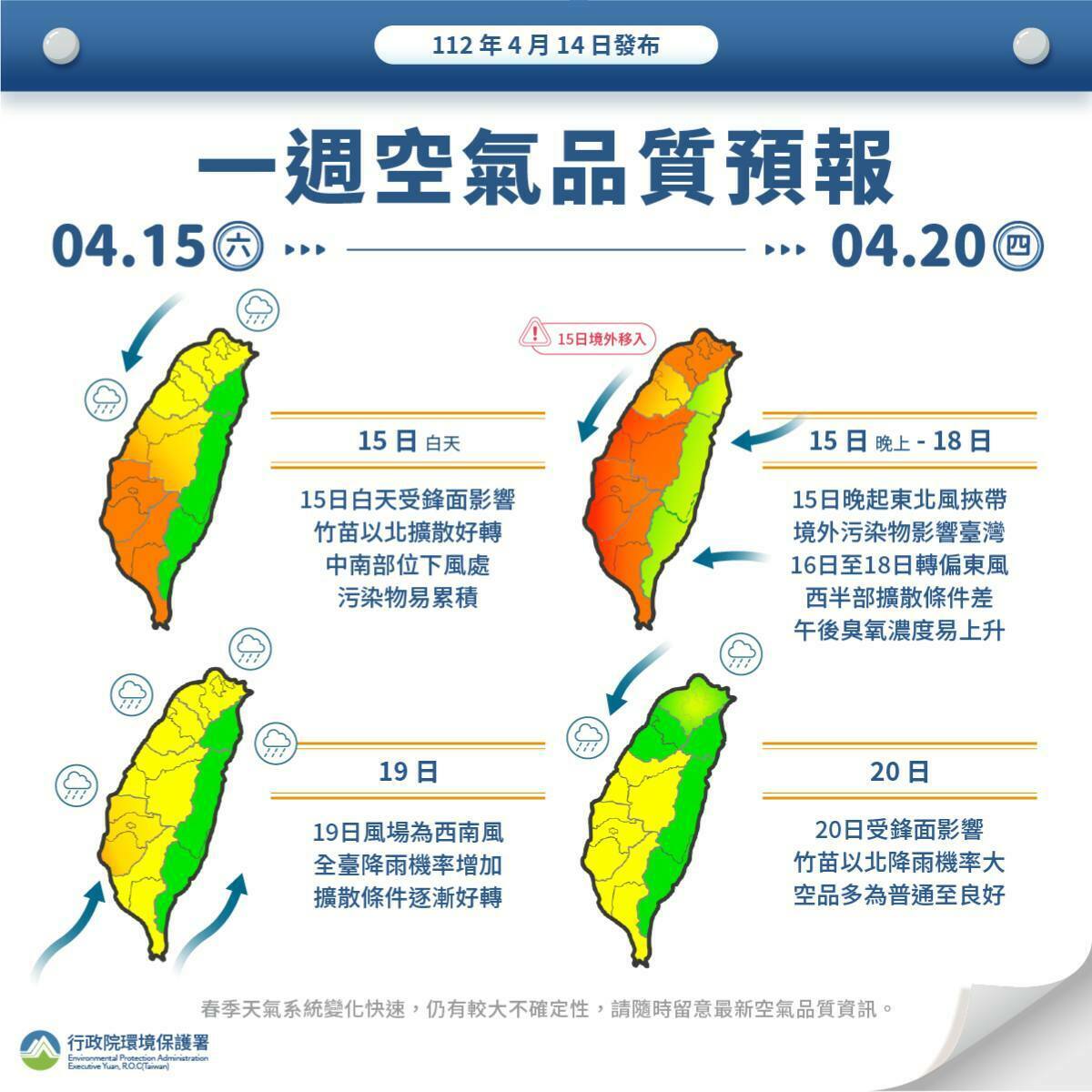 未來一週空品預報。 圖：取自環保署官網