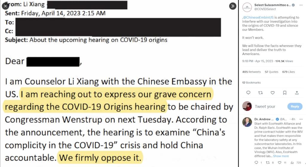 美眾院新型冠狀病毒大流行特別小組委員會推特官方帳號15日推文指出：「中國駐美大使館試圖干預我們在COVID-19溯源的調查，要委員會成員保持沉默。」 圖：翻攝推特推文