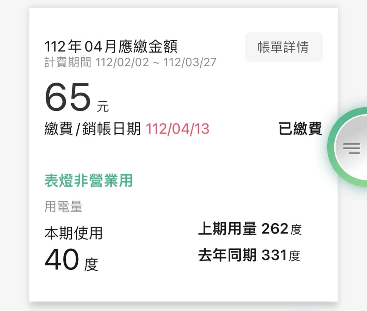NanaQ近2個月竟只使用了40度電，需要繳的電費更只有65元。 圖：翻攝自FB/NanaQ