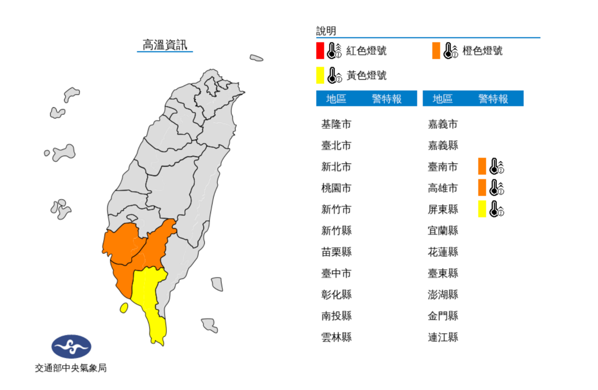 台南市、高雄市近山區或河谷亮起橙色燈號，有連續出現36度高溫的機。屏東縣近山區或河谷也亮起黃色燈號。 圖：翻攝自中央氣象局網站