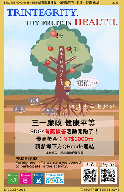 新北市衛生局辦理「三一廉政．健康平等SDGs有獎徵答」，活動自即日起至6月15日止，邀請關心永續發展、健康平等與廉能治理的民眾，踴躍參加。 圖：新北市衛生局提供