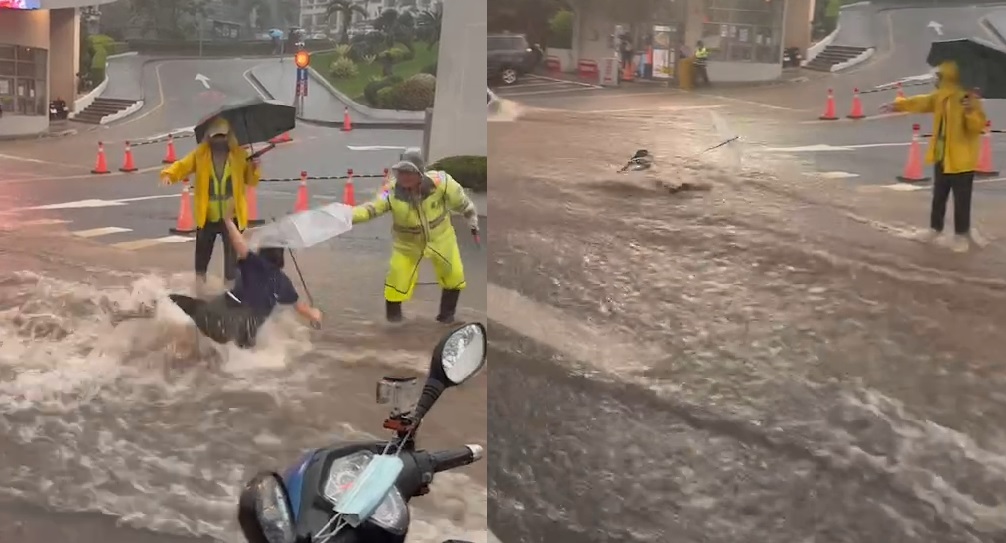 弘光科大校門前變「滑水道」 圖:記者爆料網