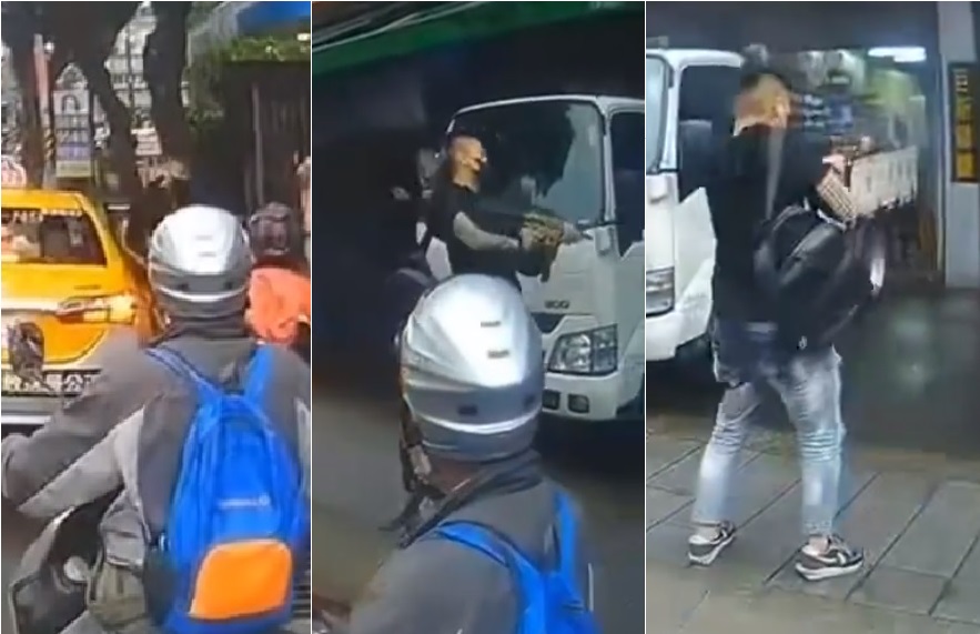 新北土城20日發生誇張的槍擊案，槍手不顧民眾以及騎士在旁，當眾朝著當鋪連續掃射。 圖:記者爆料網