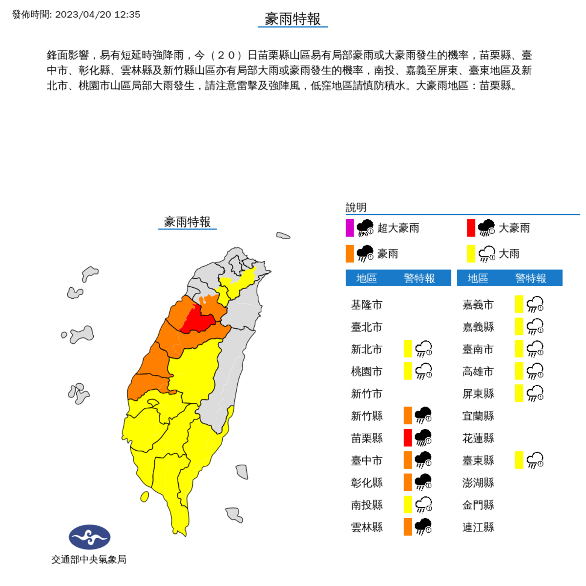 鋒面報到降雨熱區逐漸南移，氣象局針對14縣市發布豪大雨特報。 圖：取自中央氣象局網站