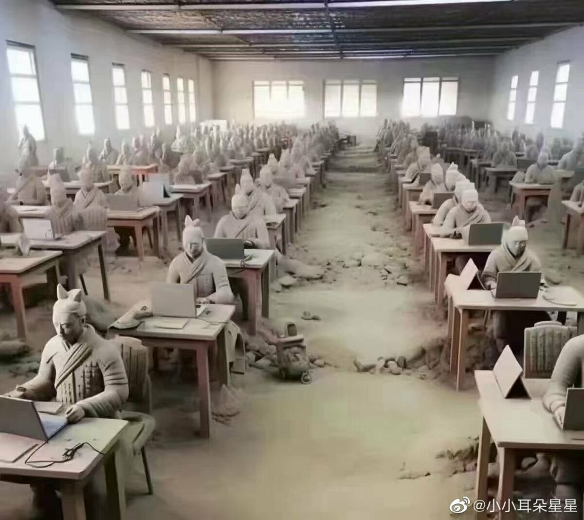 中國網友調侃自己，只是出門上班就變成「兵馬俑」。 圖: 翻攝自微博