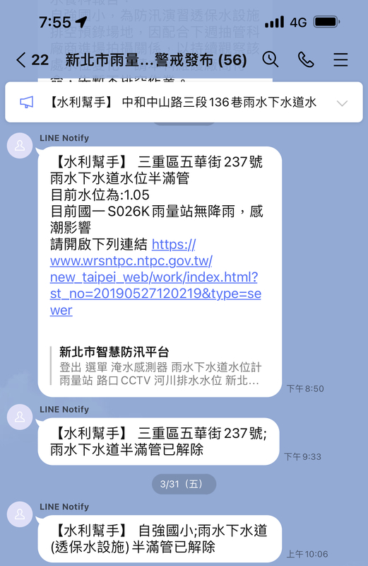 LINE機器人（水情小幫手）影像辨識及淹水推播。 圖：新北市水利局提供