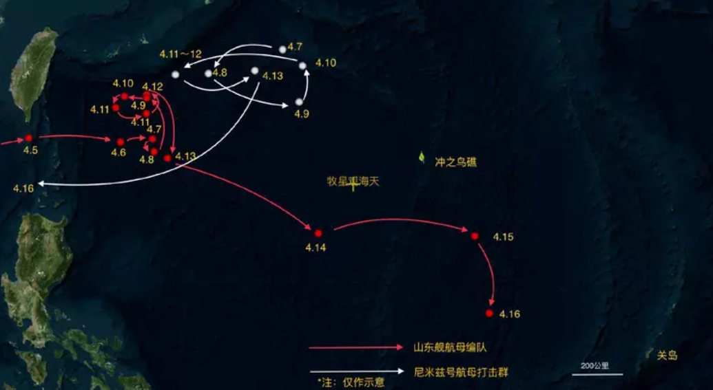 據日本防衛省4月25日發布的最新消息，4月24日晚中國海軍山東艦已通過巴士海峽返回南海。至此，山東艦完成了為期20天的首次西太平洋遠洋訓練。 圖：翻攝自九尾網