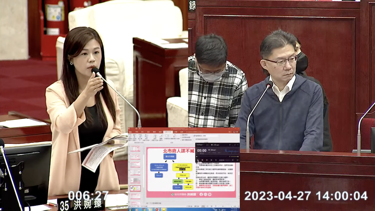 民進黨台北市議員洪婉臻（左）質詢市場處長陳庭輝（右）。 圖：翻攝議會直播畫面