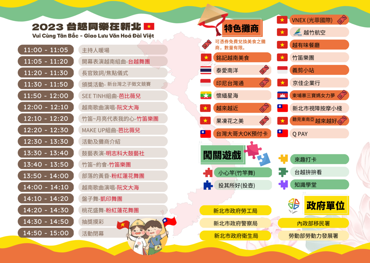 現場有美食攤位、闖關遊戲及好禮抽獎等節目，歡迎移工朋友踴躍參加，也邀請市民共襄盛舉。 圖：新北市勞工局提供