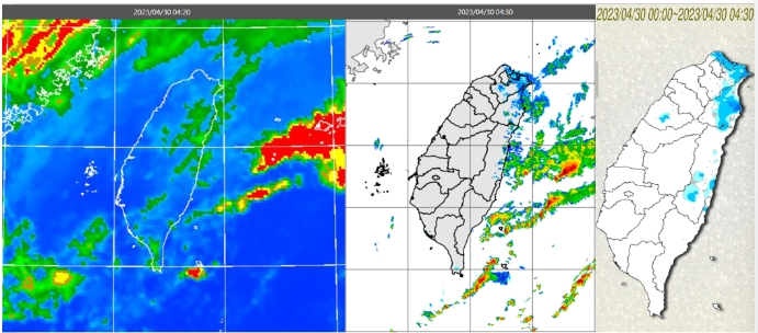 左圖：30日晨4：20紅外線色調強化雲圖顯示，台灣東側雲層厚實，西側鬆散。中圖：4：30雷達回波合成圖顯示，東側降水回波強。右圖：4：30累積雨量圖顯示，北部、東半部有局部降雨 圖/「三立準氣象.老大洩天機」專欄