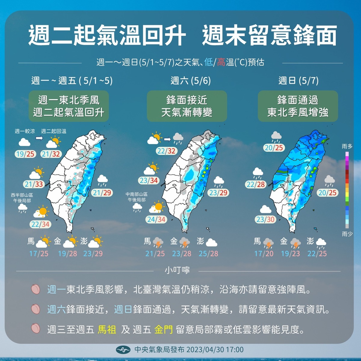 氣象局公布未來一週天氣狀況，首波鋒面預計週六接近。 圖片來源/中央氣象局