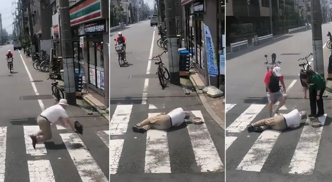 一群中國旅客到日本旅遊時目睹一名老人在街頭摔倒，在車上喊出「不能扶」。 圖：翻攝推特