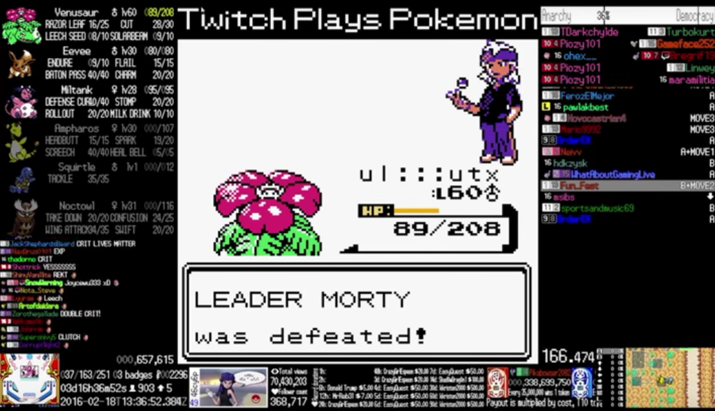 三年前Twitch推出讓觀眾一同遊玩精靈寶可夢的活動，當時聊天室更新速度十分驚人！ 圖：翻攝自TwitchPlaysPokemon Twitter