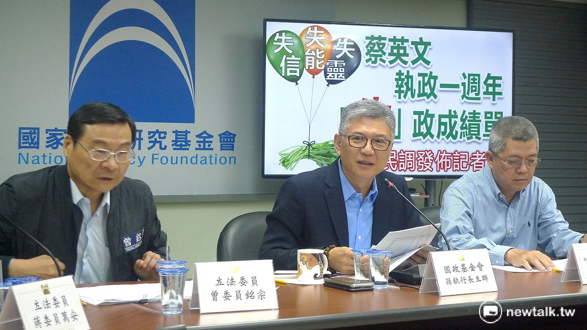 國家研究政策基金會今（10）日發布「蔡英文執政一週年」民調，蔡英文滿意度僅剩33.4%。 圖：汪少凡／攝
