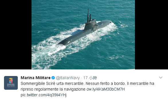 義大利海軍在推特上宣告潛艇撞上商船事故，也讓斯西勒號露出行蹤。 圖：翻攝義大利海軍推特